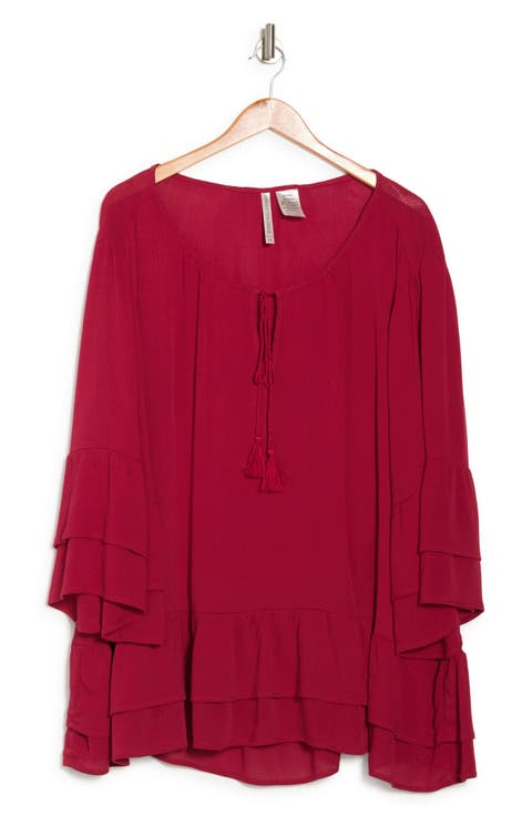 Tie Front Ruffle Waist Tunic (Plus)