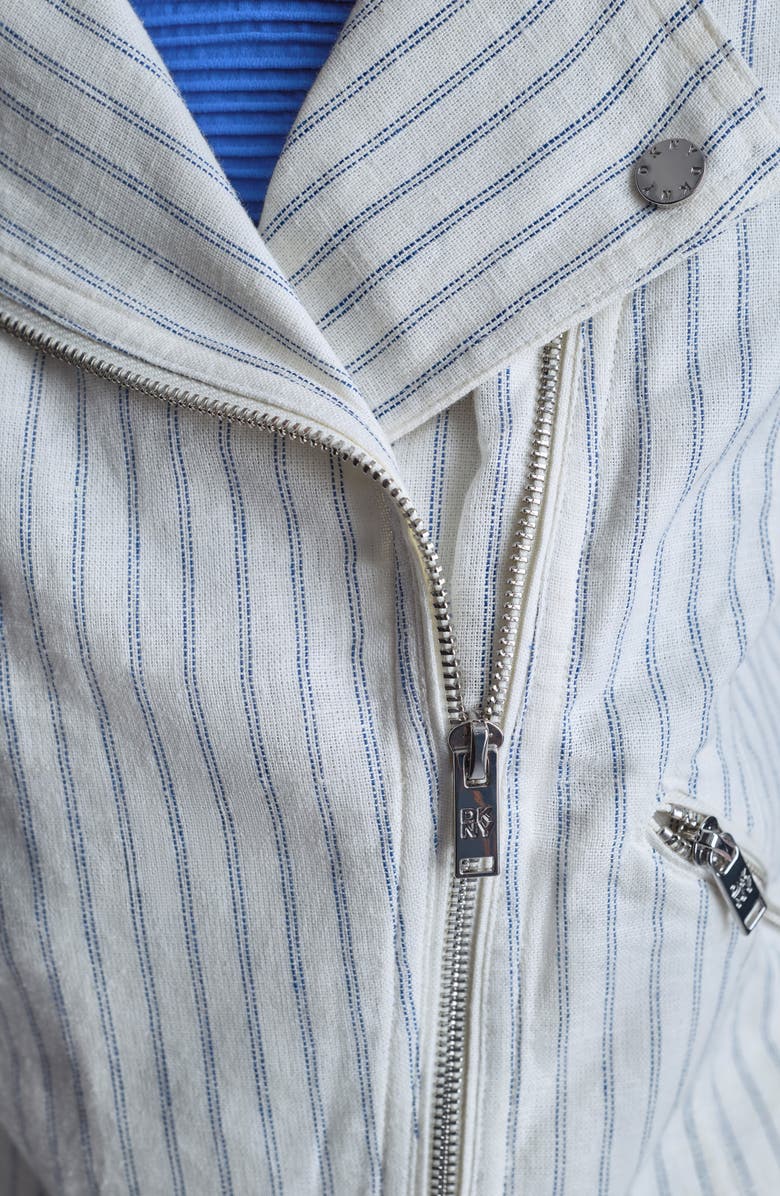 DKNY Ticking Stripe Short Sleeve Linen Blend Moto Jacket, Alternate, color, Ivory/Admiral