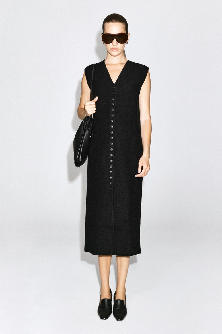Buttoned Boiled Merino Wool Dress, Alternate, color, BLACK