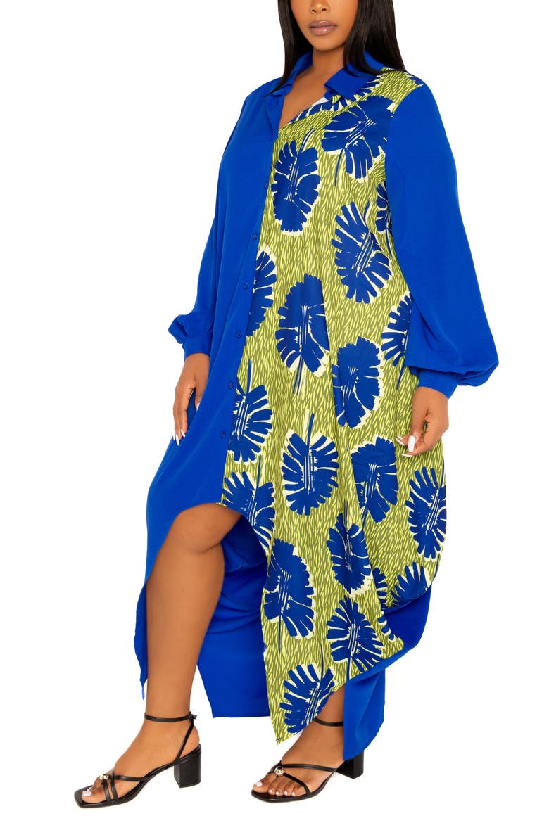 Solid & Print Long Sleeve Asymmetric Maxi Shirtdress, Alternate, color, BLUE MULTI