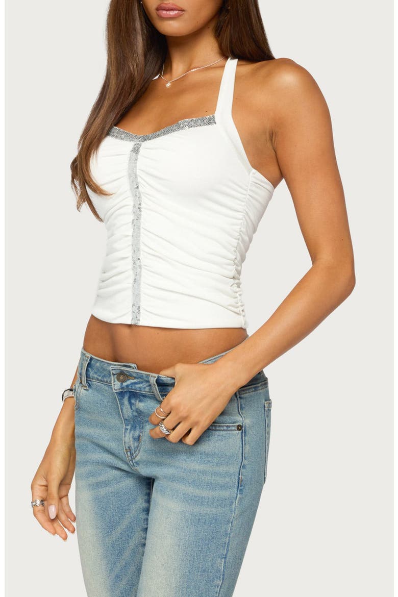 Mook Ruched Sequin Halter Top, Alternate, color, WHITE