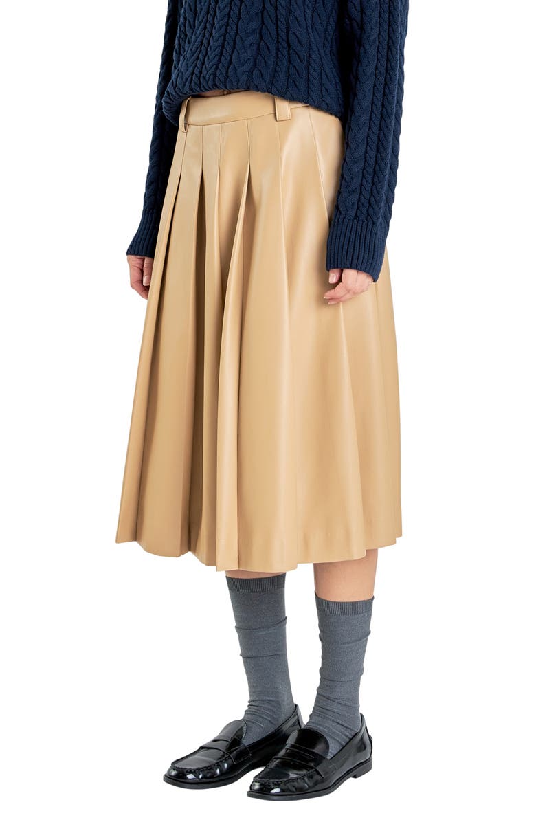English Factory Pleated Faux Leather Skirt, Alternate, color, Taupe