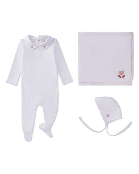 3 Piece Baby Girls Cotton Footie Set with Peter Pan Collar and Embroidered Hearts
