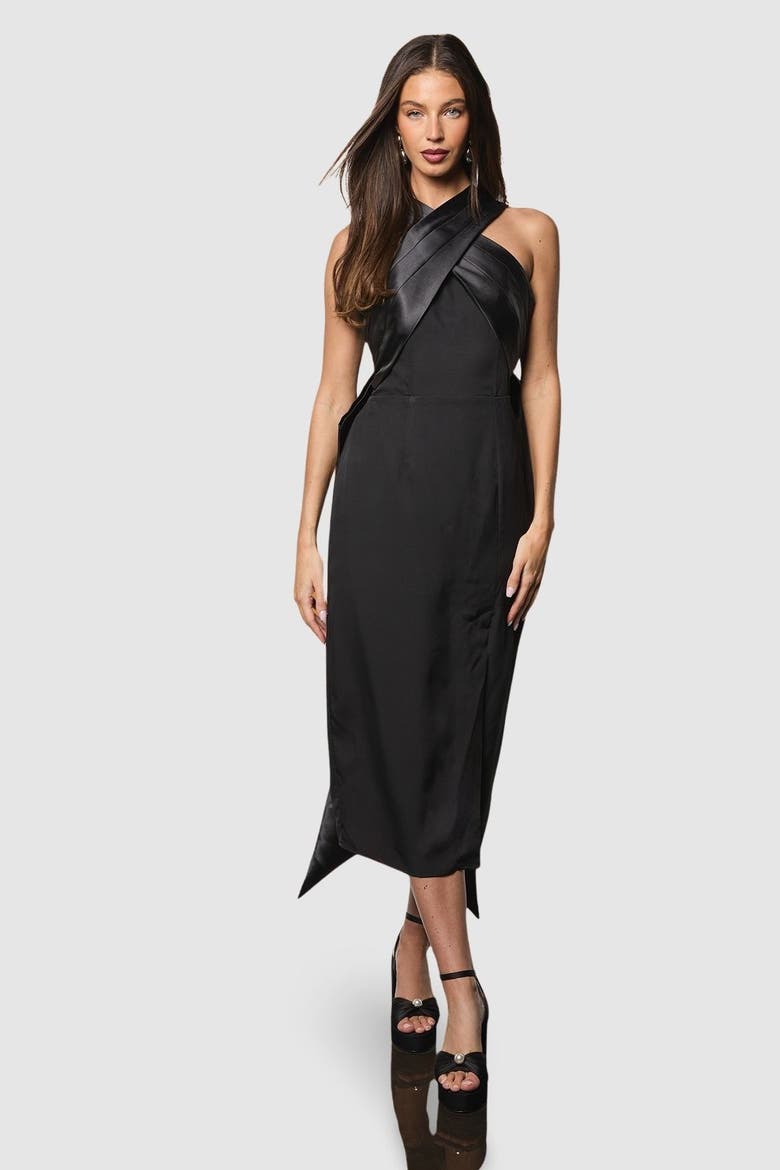 Cross Over Front Bow Back Midi Dress, Main, color, Black