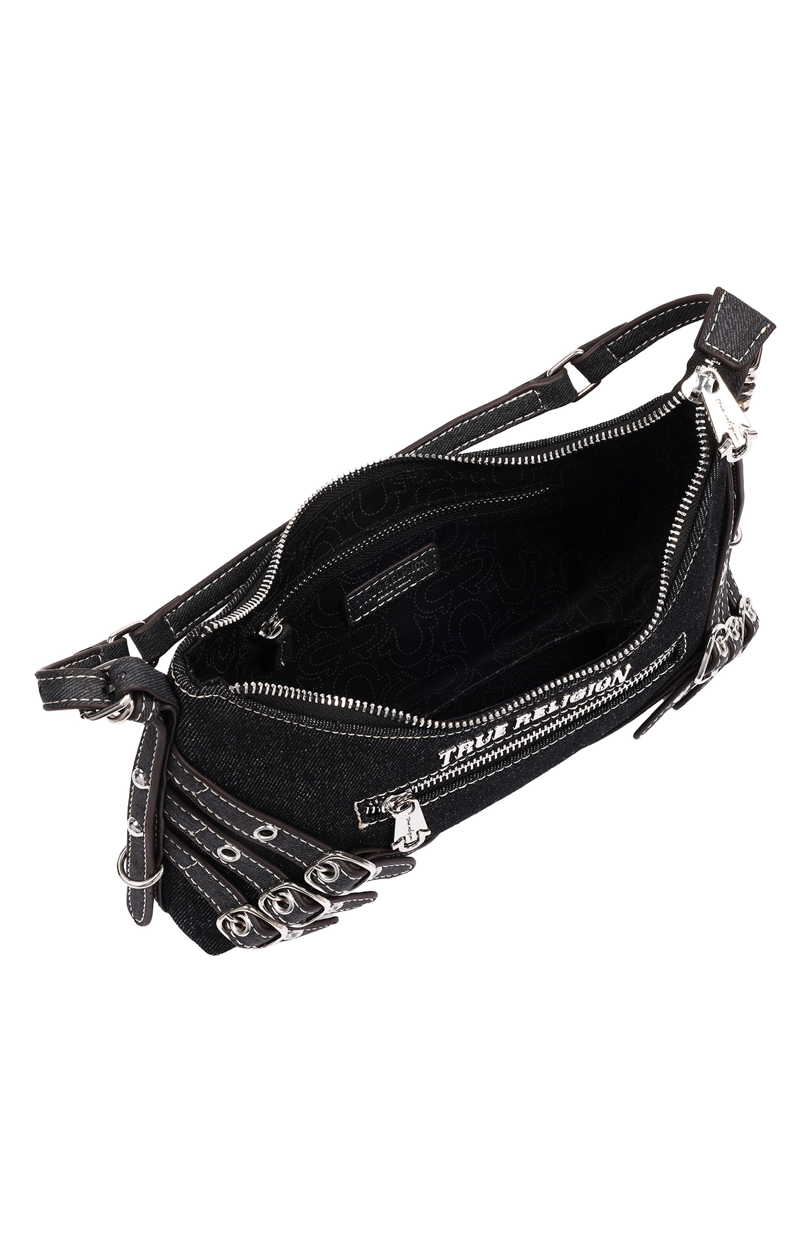 Triple Straps Denim Shoulder Bag, Alternate, color, BLACK