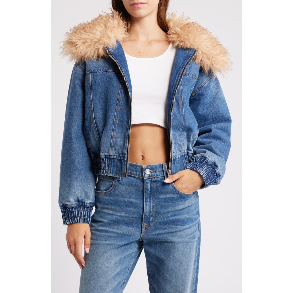 BLANKNYC BLANKNYC DENIM BOMBER JACKET WITH FAUX FUR COLLAR