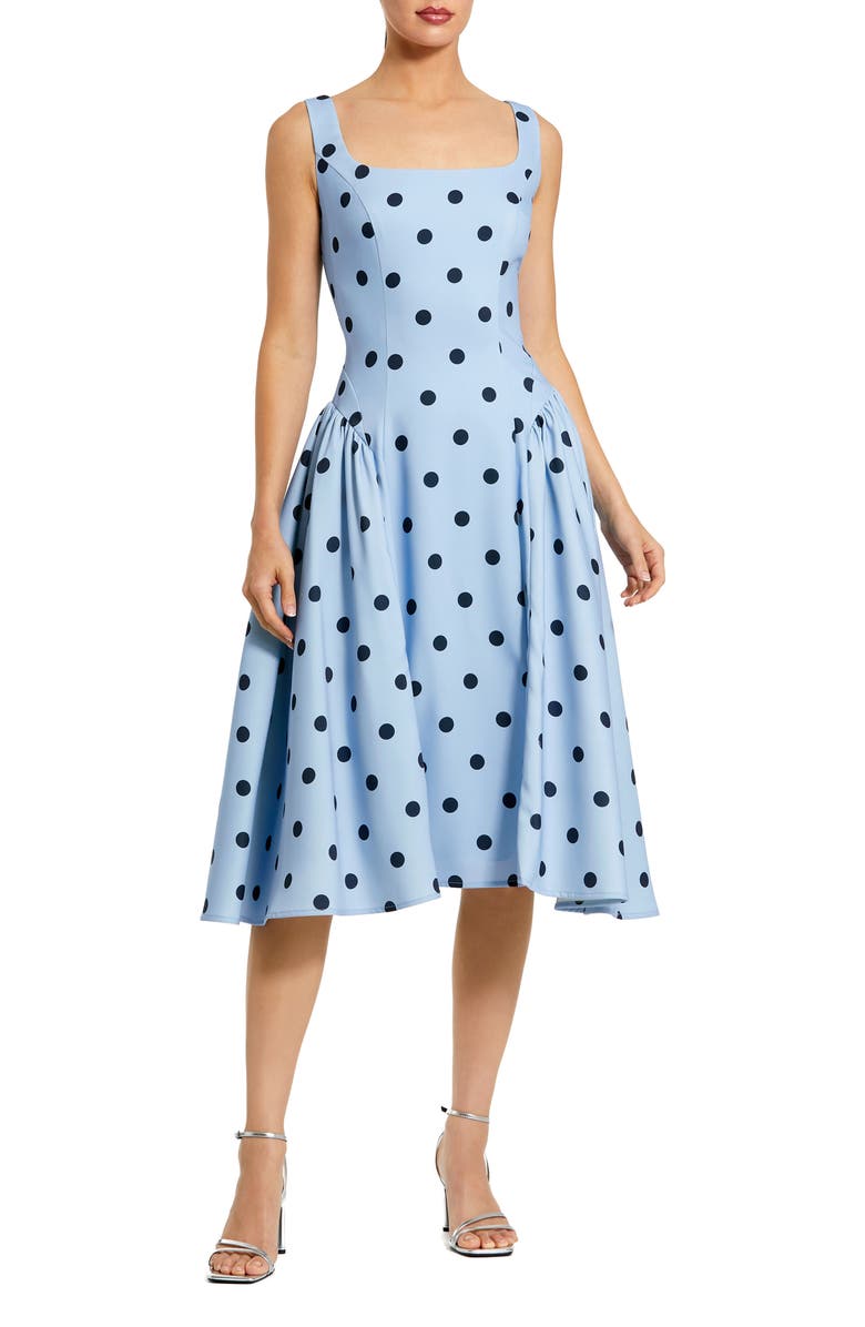 Mac Duggal Polka Dot A-Line Midi Dress with Square Neck and Ruffle Gussets, Main, color, Sky Multi
