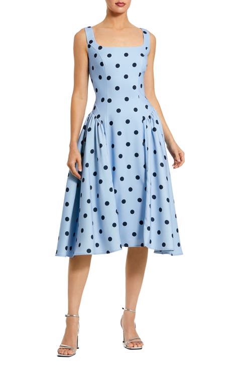 Polka Dot A-Line Midi Dress with Square Neck and Ruffle Gussets