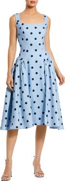 Mac Duggal Polka Dot A-Line Midi Dress with Square Neck and Ruffle Gussets