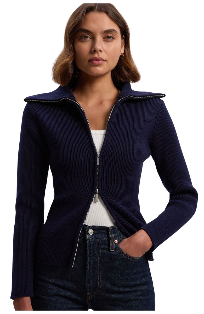 Karen Millen Cotton Zip Through Collar Knit Cardigan, Main, color, Navy