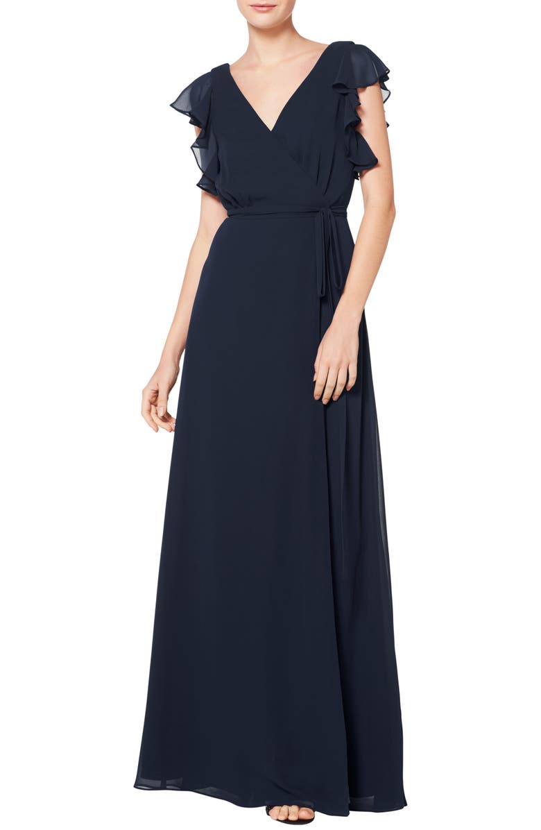 #Levkoff Ruffle Sleeve Chiffon Wrap Gown, Main, color, 