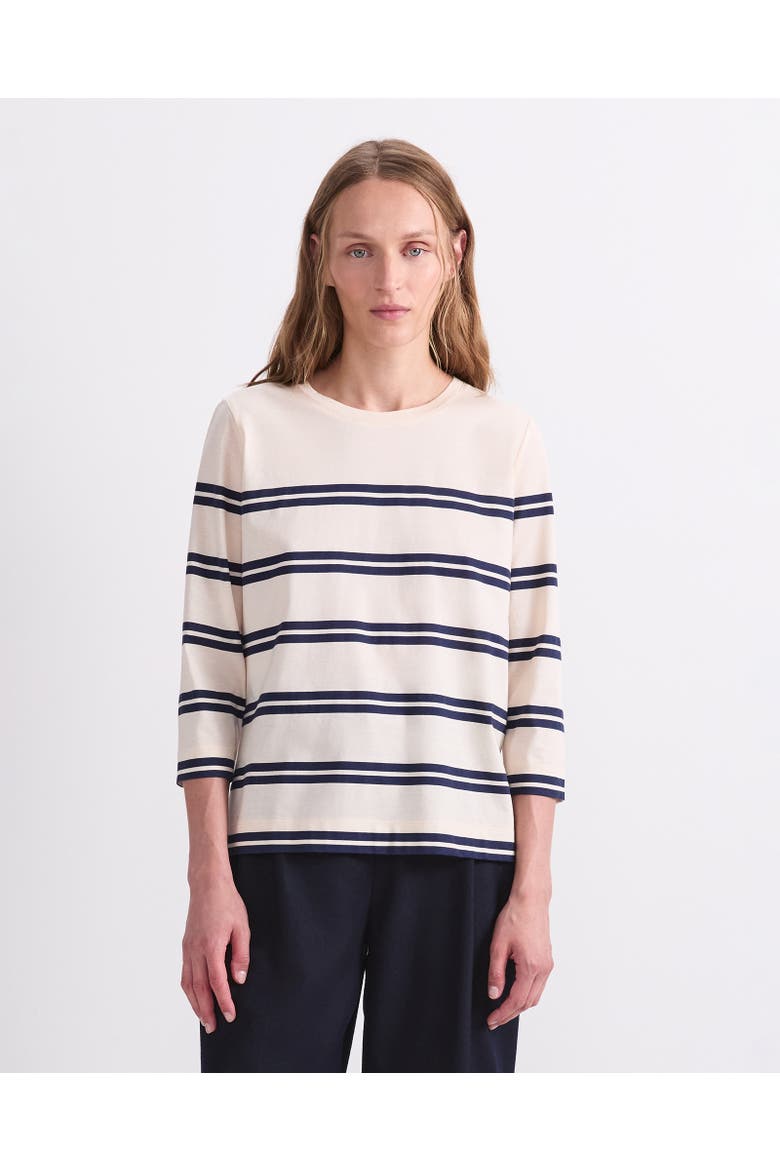 Stripe 3/4 Sleeve Mercerised Top, Main, color, Winter White/ Navy