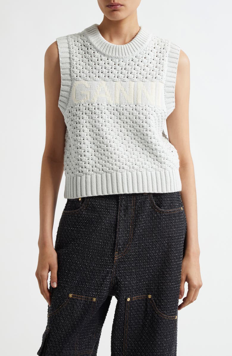 Ganni Textured Organic Cotton Blend Sweater Vest, Main, color, 