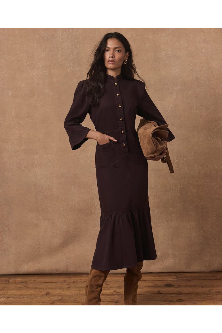 Denim Puff Shoulder Midi Shirt Dress, Alternate, color, Burgundy