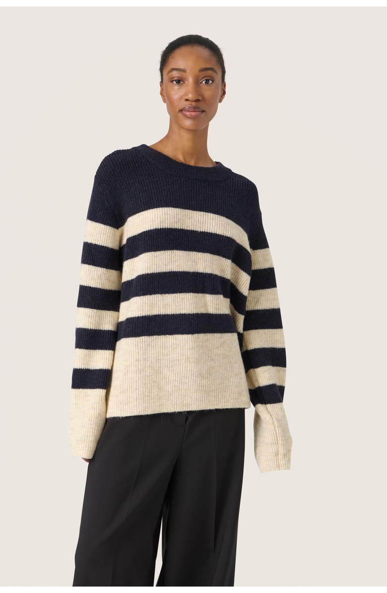 Soaked in Luxury SLSelta Knitted Striped Pullover, Main, color, Night Sky/Sandshelll