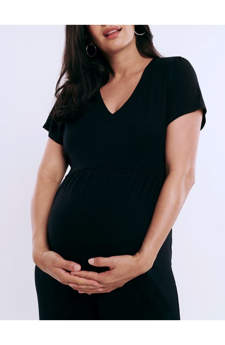 MOTHERHOOD MATERNITY Short Sleeve V-Neck Flare Leg Jumpsuit, Alternate, color, Black