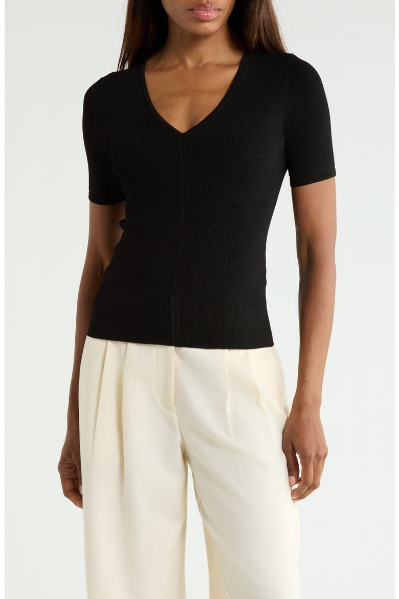 Compact Rib Short Sleeve V-Neck Top, Main, color, BLACK
