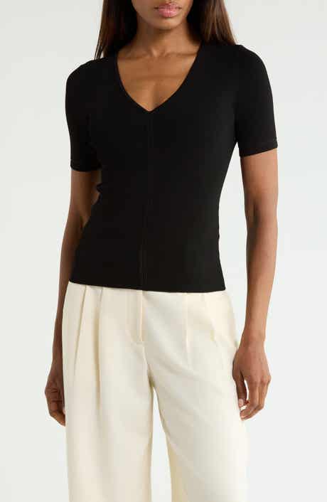 Compact Rib Short Sleeve V-Neck Top