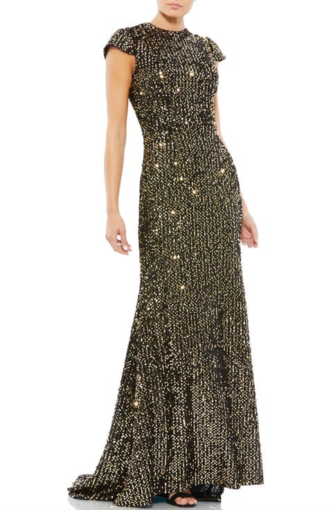 Sequined Cap Sleeve High Neck Gown