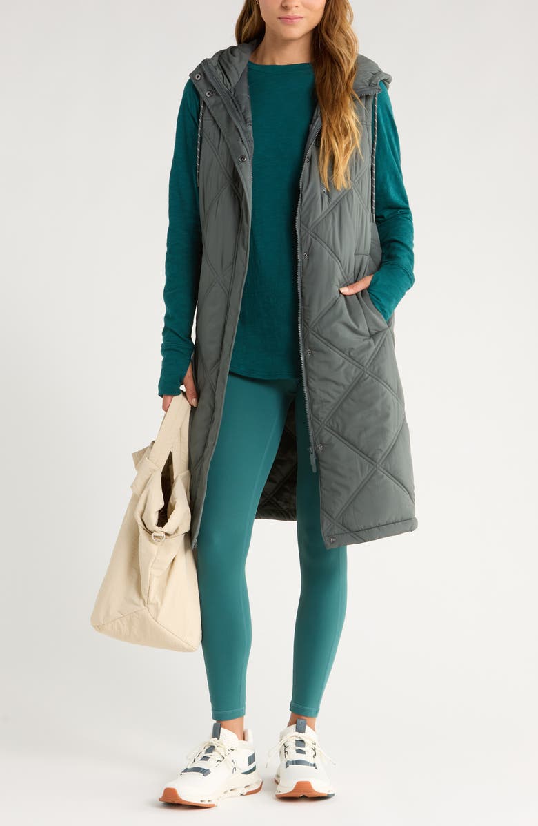 Zella Long Hooded Puffer Vest, Alternate, color, Green Urban