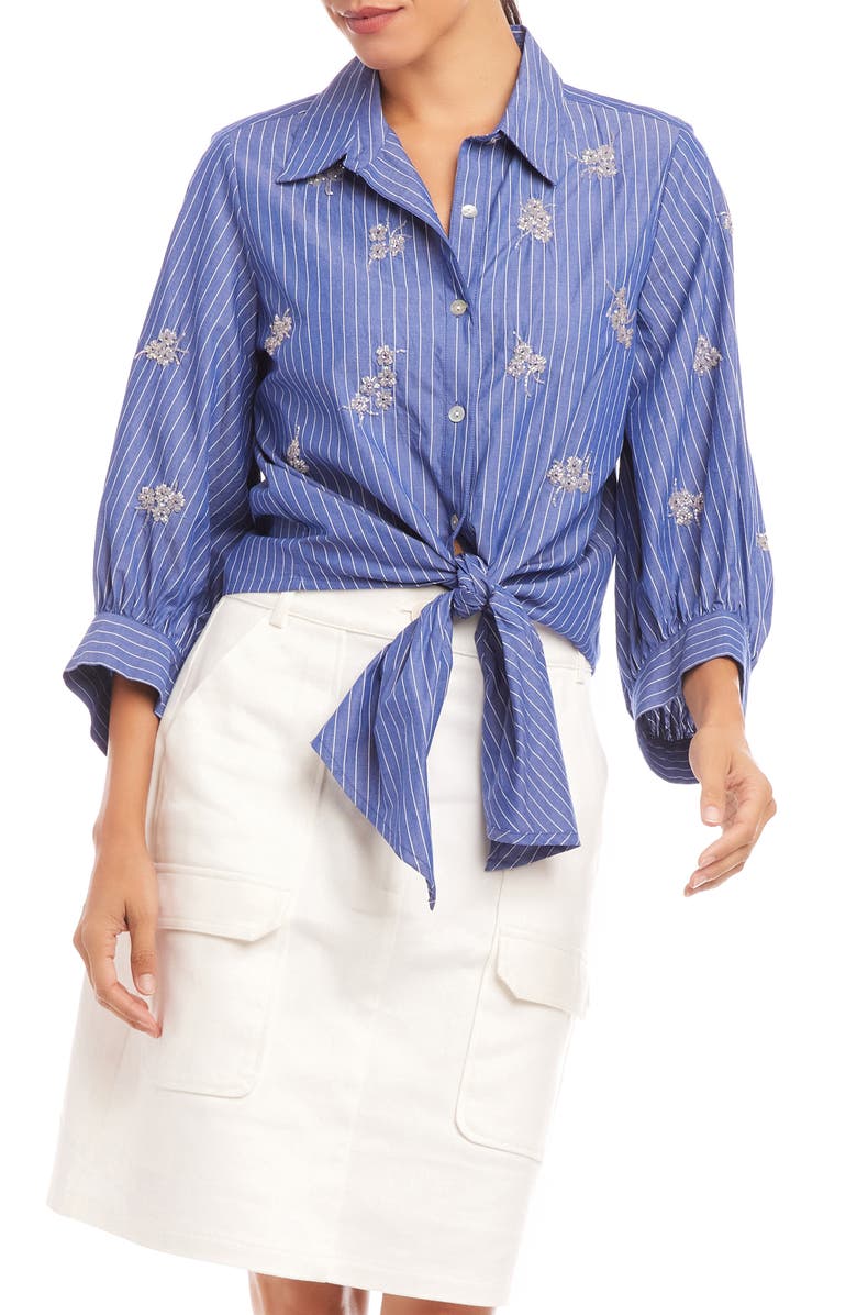 Karen Kane Tie Front Embellished Pinstripe Button-Up Shirt, Main, color, Stripe