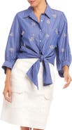 Karen Kane Tie Front Embellished Pinstripe Button-Up Shirt