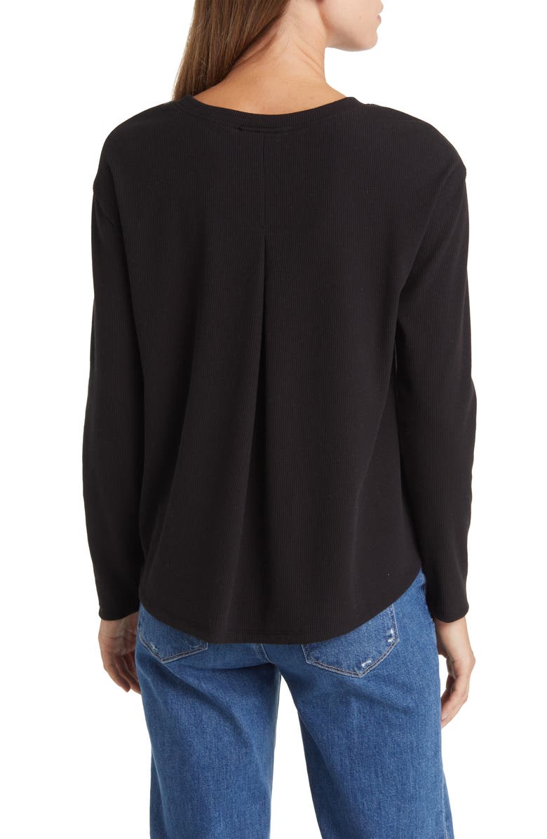 Caslon<sup>®</sup> Pleat Black Long Sleeve Rib Top, Alternate, color,