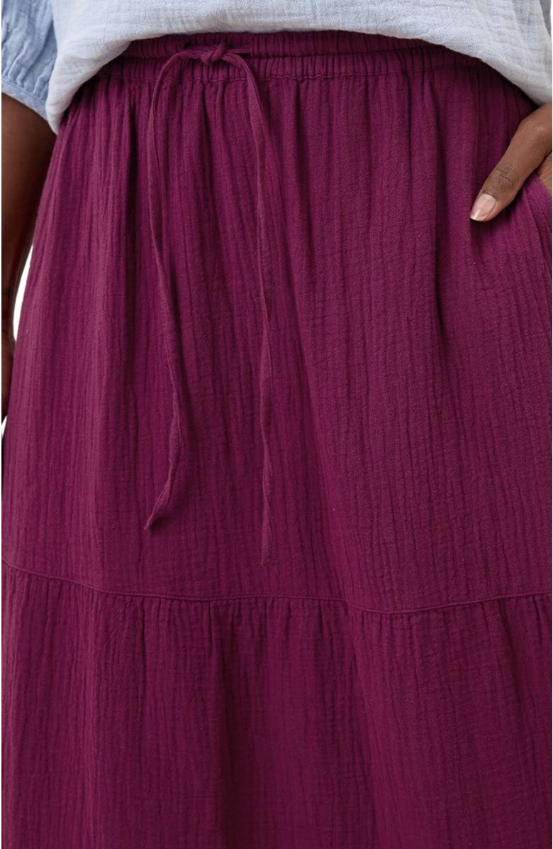 Pact Organic Cotton Coastal Double Gauze Tiered Maxi Skirt, Alternate, color, Sangria