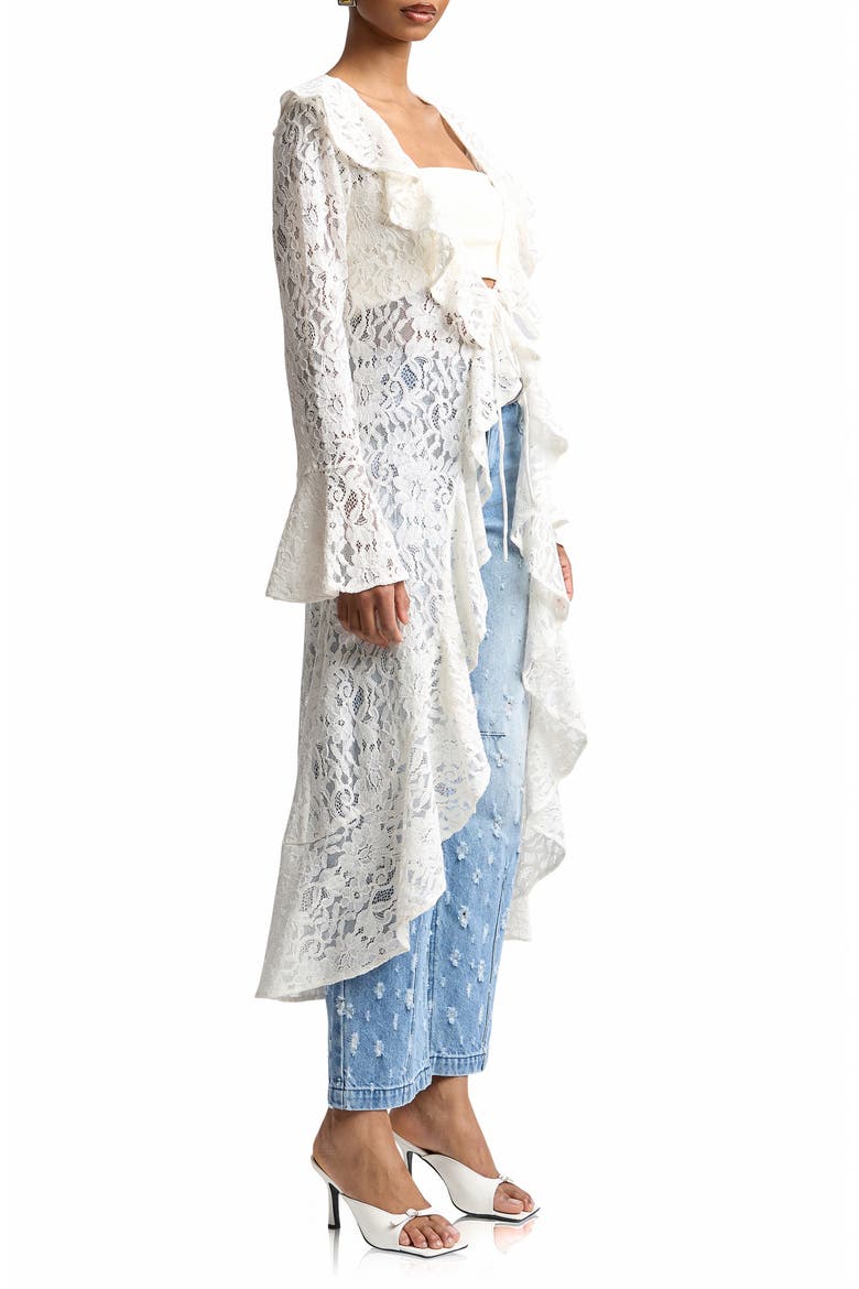 Ruffle Lace Longline Cardigan, Alternate, color, WHITE