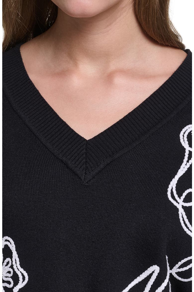 Floral V-Neck Sweater, Alternate, color, BLACK/ SOFT WHITE