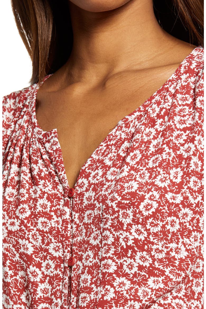 Print Front Button Top, Alternate, color, RED- IVORY SUMMER BLOSSOM
