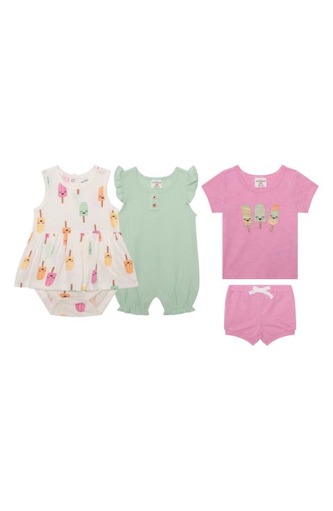 2-Rompers, Knit Short Sleeve Tee & Shorts Set