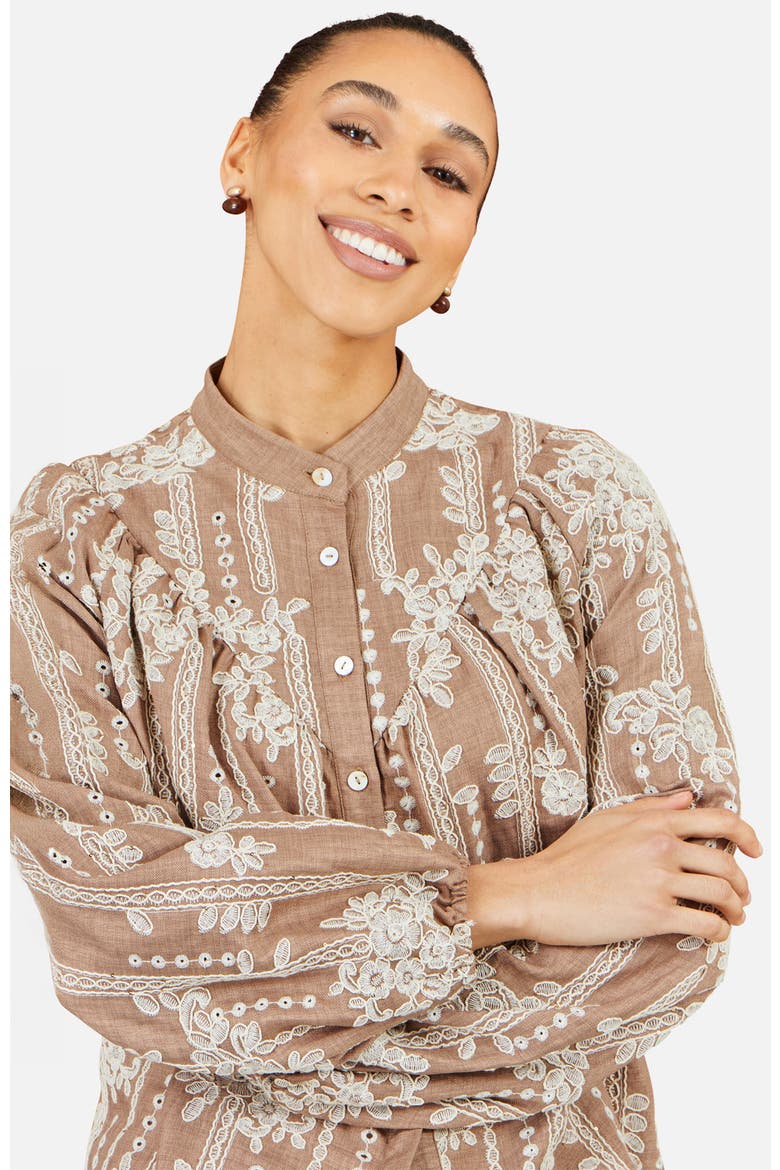 Embroidered Floral Relaxed Shirt, Alternate, color, Brown
