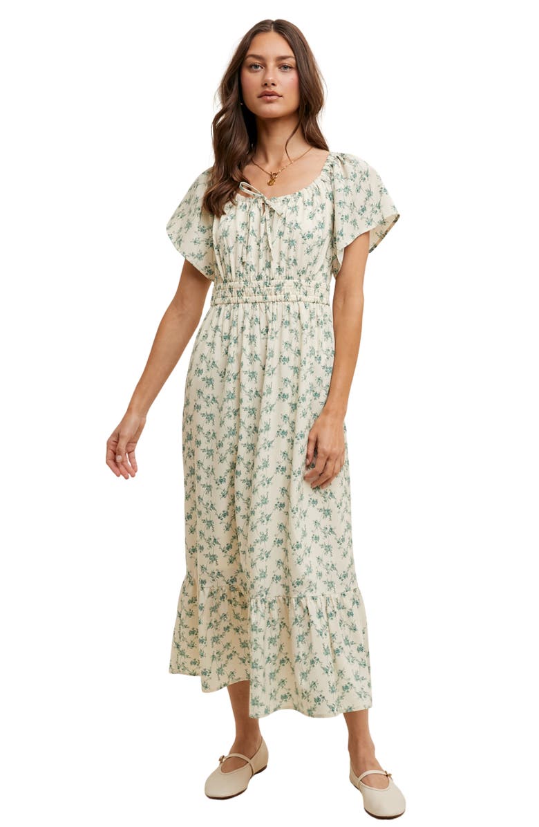 WISHLIST Floral Flutter Sleeve Midi Dress, Alternate, color, Cream/ Green