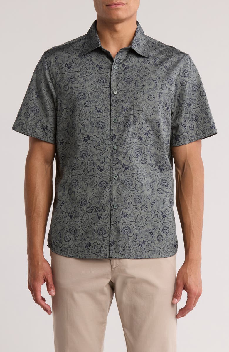 NORDSTROM RACK Short Sleeve Cotton Poplin Button-Up Shirt, Main, color, Green Balsam Moroccan Floral