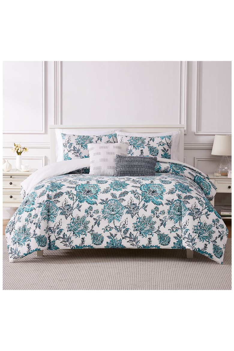 Floral Print Microfiber 5-Piece Comforter Set, Alternate, color, WHITE/ TEAL