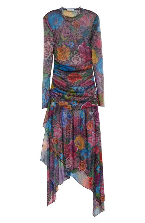 Area Crystal Embellished Floral Long Sleeve Tulle Midi Dress In Multi