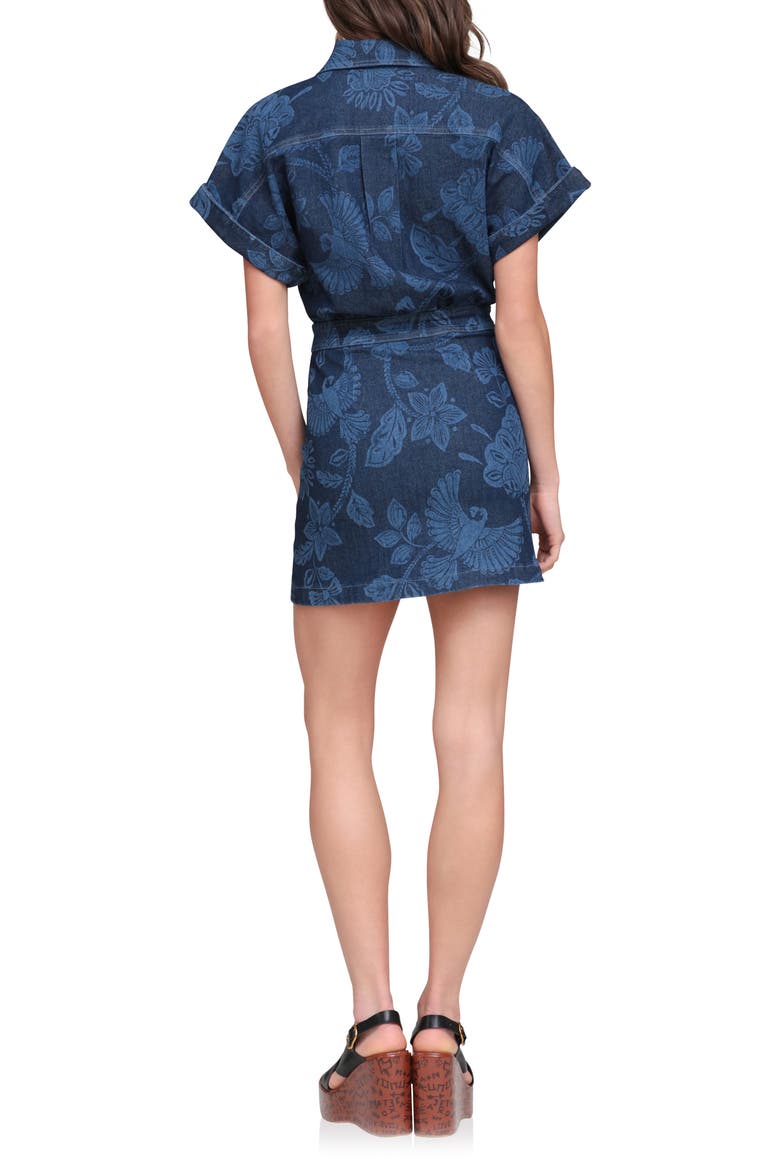 Floral Print Belted Denim Minidress, Alternate, color, PARROT FAN LASER PR