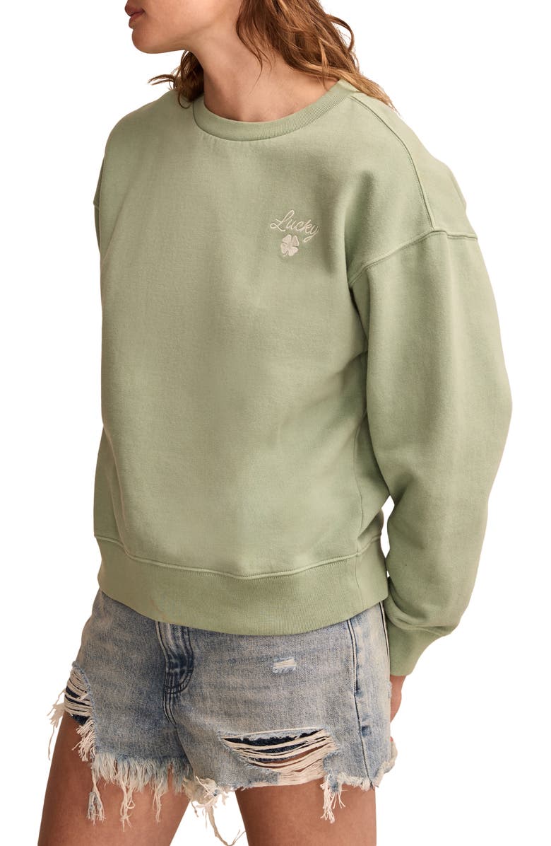 Lucky Brand Shamrock Embroidered Cotton Fleece Sweatshirt, Alternate, color, Granite Green