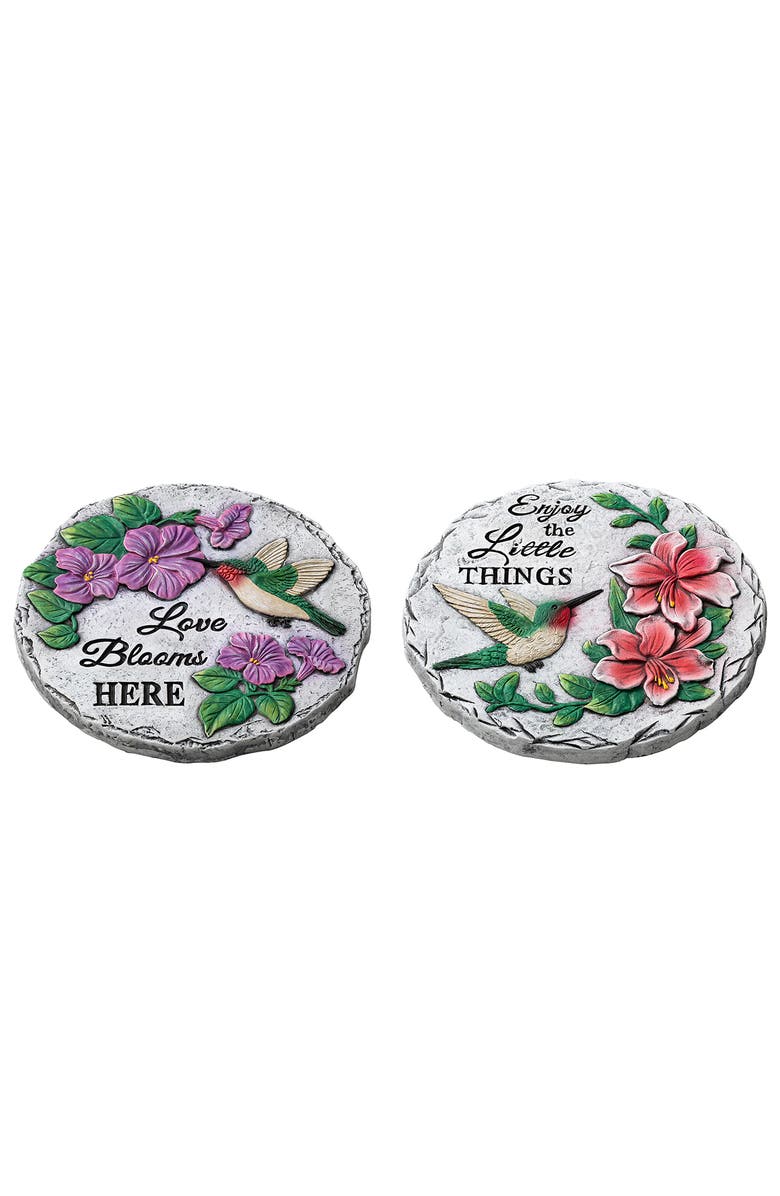 Glitzhome Set of 2 Cement Hummingbird & Flower Textured Stepping Stones, Alternate, color, White