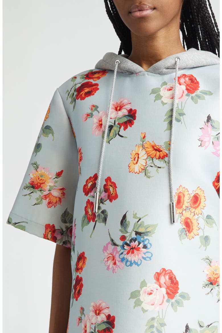 The Aine Floral Short Sleeve Virgin Wool & Silk Faille Hoodie, Alternate, color, LIGHT BLUE FLORAL