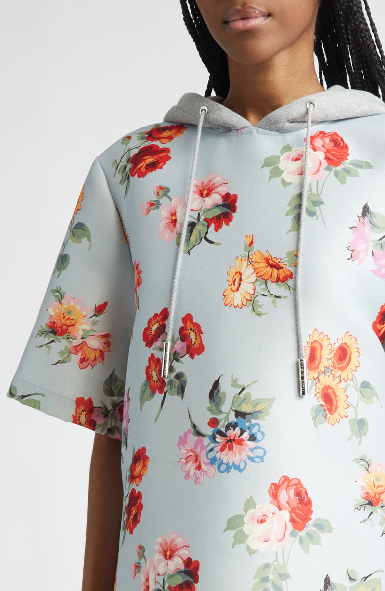 Brandon Maxwell The Aine Floral Short Sleeve Virgin Wool & Silk Faille Hoodie, Alternate, color, Light Blue Floral
