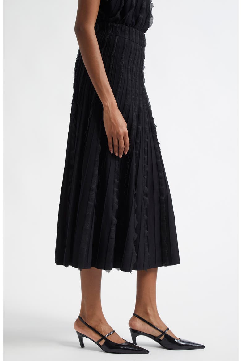 Pleated Mixed Media Midi Skirt, Alternate, color, BLACK