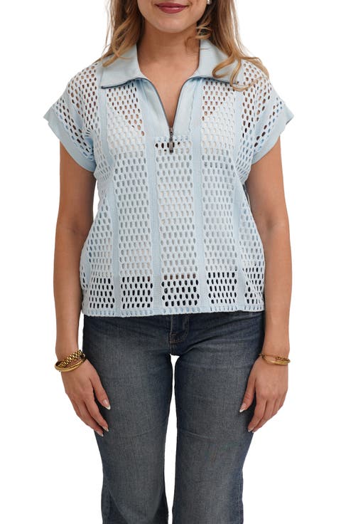 Open Stitch Knit Quarter Zip Top
