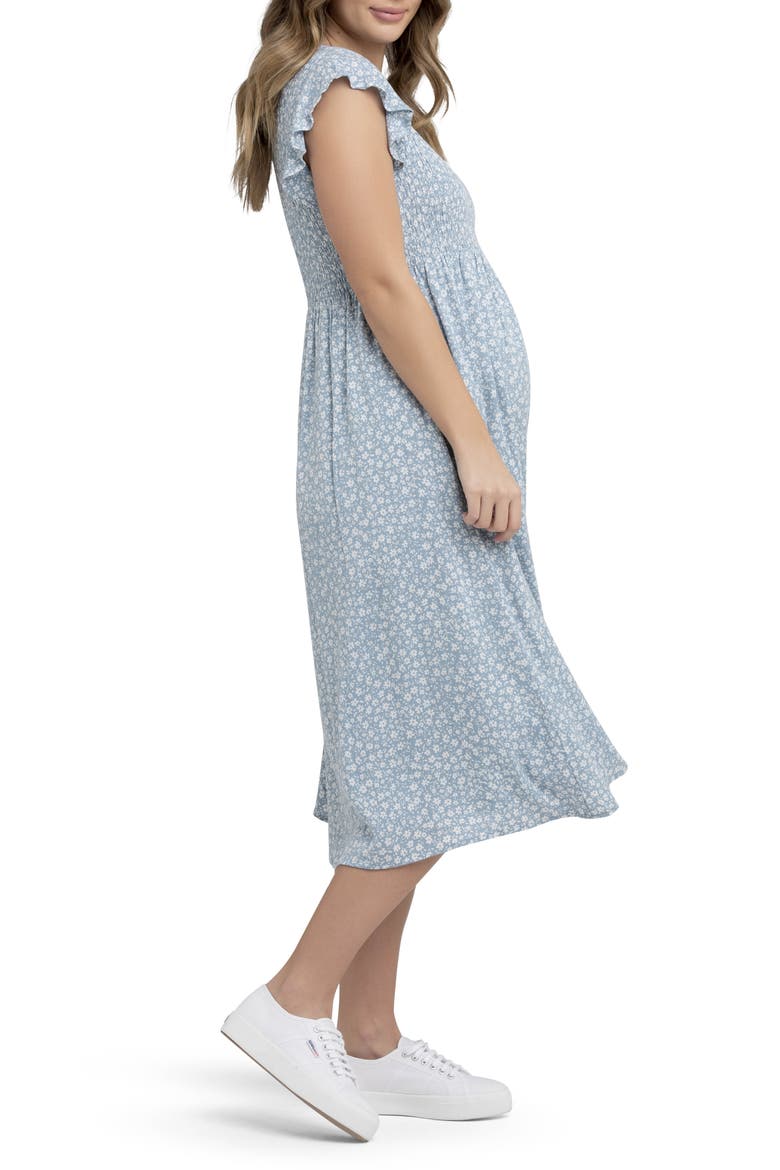 Ava Floral Shirred Midi Maternity Dress, Alternate, color, PETROL / WHITE