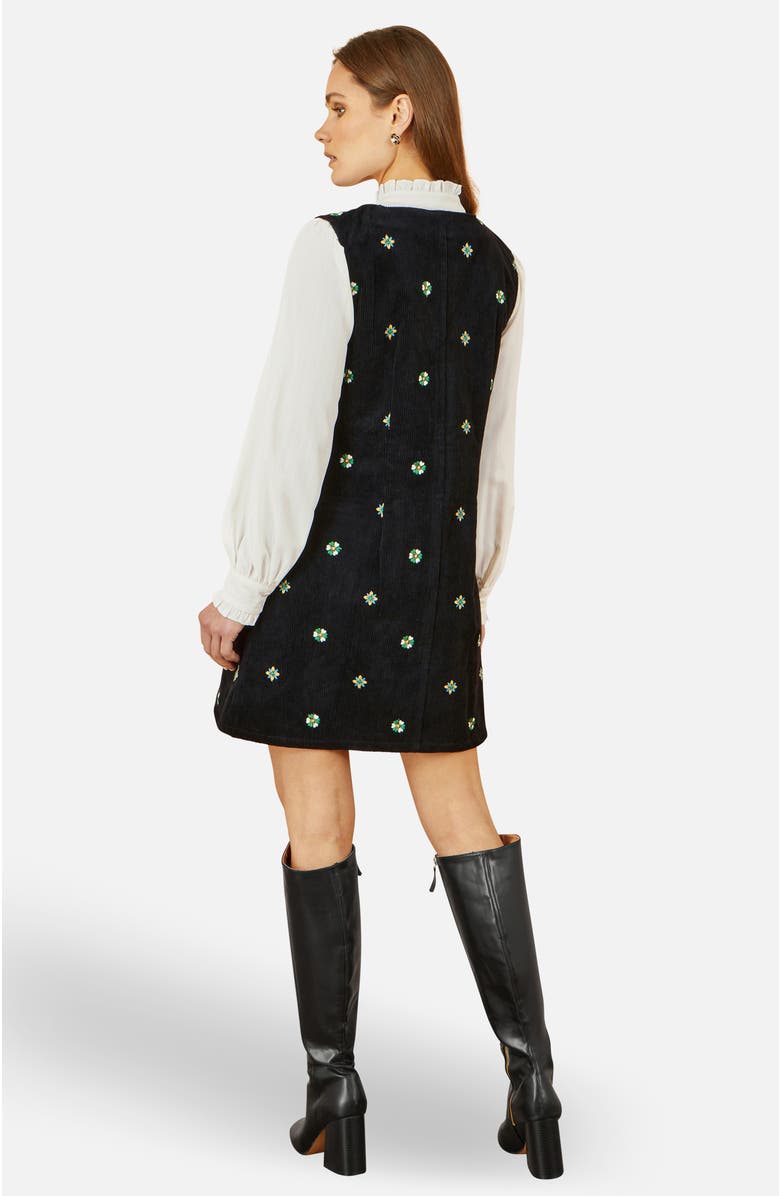 Yumi Embroidered Button Up Pinafore Dress, Alternate, color, Black