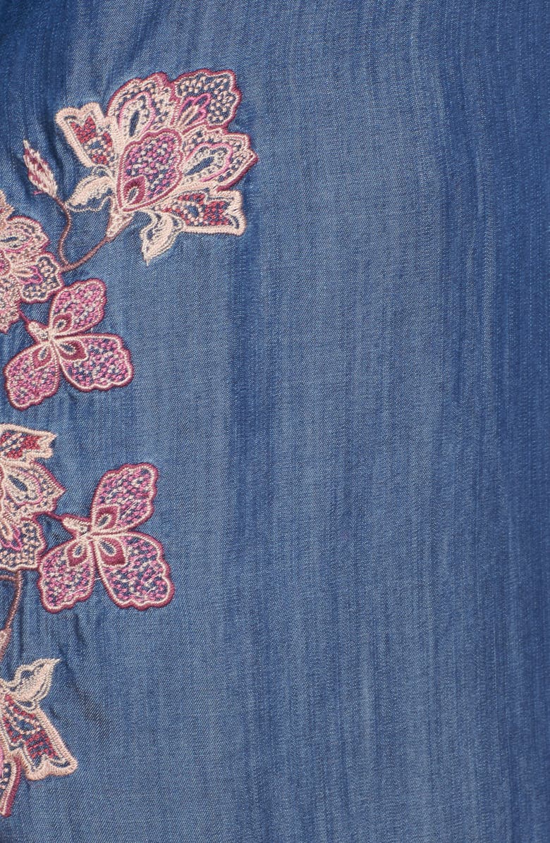 Billy T Embroidered Chambray Keyhole Dress, Alternate, color, 