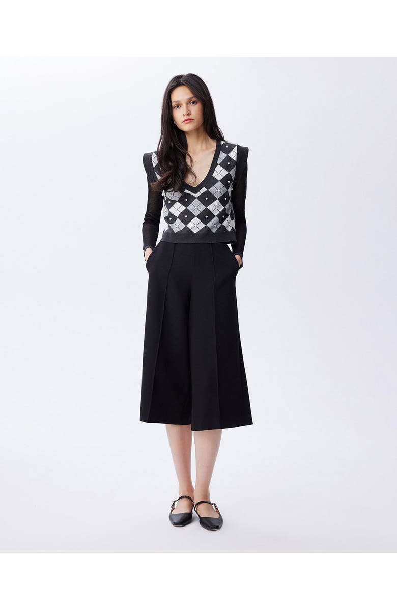 THEO The Label Nomia Plaid Pearly V-neck Sweater, Alternate, color, Grey/Silver