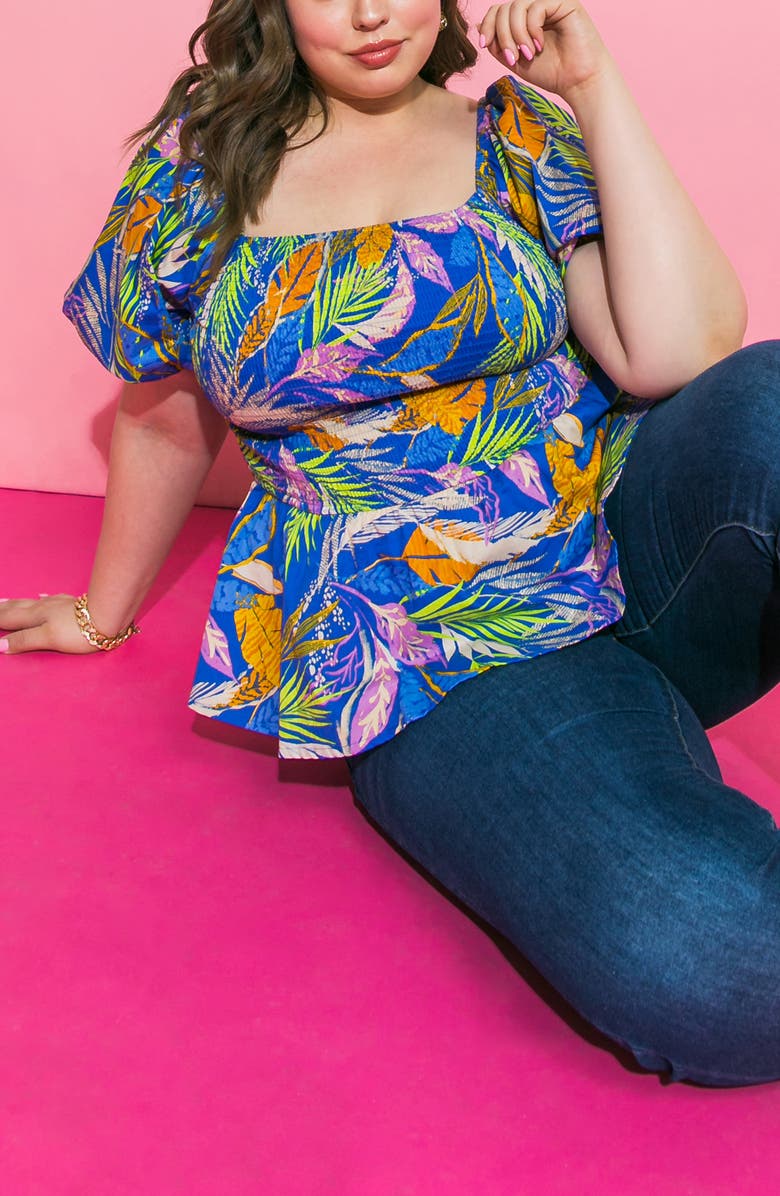 FLYING TOMATO Smocked Puff Sleeve Cotton Poplin Top, Alternate, color, Blue