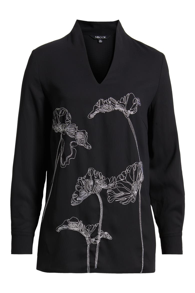 Embroidered Crêpe de Chine Stand Collar Tunic, Alternate, color, BLACK/ WHITE